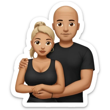 A picture of a tanned couple with the man's arm around the woman. the man is a Mexican man with tanned skin, a bald hair cut, short beard and wearing a black shirt. the woman is mixed, with curly hair in a pony tail, with big boobs  sticker
