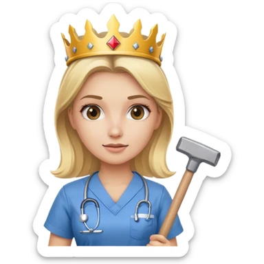 blond nurse girl wearing scrubs with a crown and a sledge hammer sticker