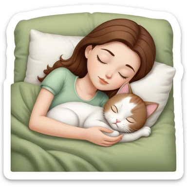 White girl brown hair sleeping with white kitty at pale olive bed sticker