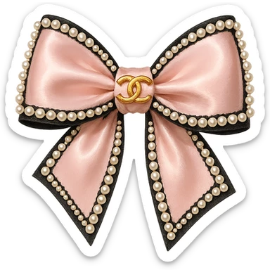 heart only the elegant bow with pearls and gold Chanel logo, glossy, pastel colors, realistic style, with no background. black pink,  sticker