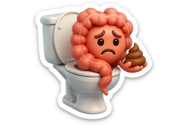 emoji stile iphone di un intestino realistico 3d che esce dal wc con in mano una montagnetta di feci con espressione triste a palline, iperrealistico 4k sticker