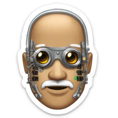 Tan bald male Latino cyborg head with grey beard, silver steampunk monocle goggles and circuits sticker