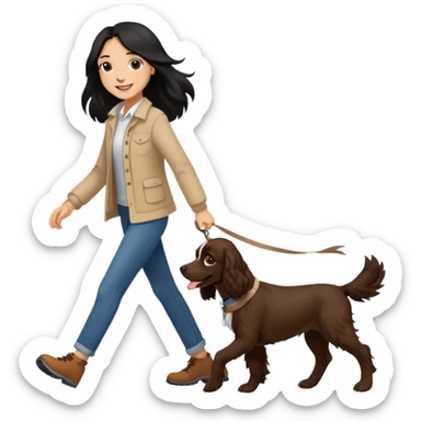 A girl with long black hair walks a brown springer spaniel sticker