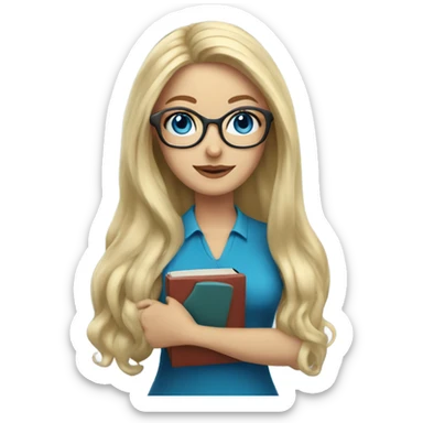 Woman teacher blonde long flowing hair glasses blue eyes with book sticker