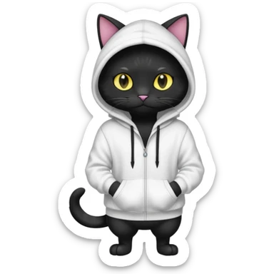 Black cat wearing a white hoodie fursona (full body) sticker