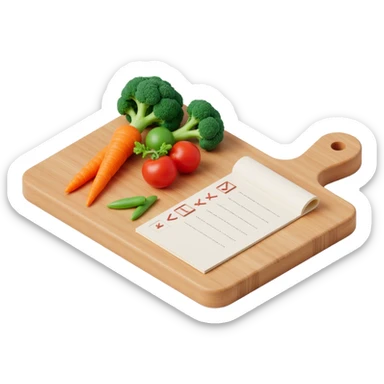 3D isometric illustration of a wooden cutting board with fresh vegetables (carrot, broccoli, tomato, peas), a paper grocery list with checkboxes, soft lighting, realistic textures, floating shadows, minimalistic style, dark background, modern food planning app aesthetic sticker