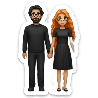 girl with long orange hair wearing all black and holding hands with boy with dark hair and beard and glasses sticker