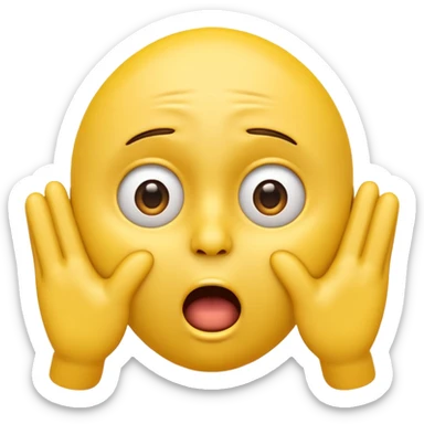 A 3D glossy yellow emoji of a shocked horrified face, with mouth and eyes are wide open, eyebrows  raised, and hands against their cheeks, face has no nose, black background, high quality, soft studio lighting sticker