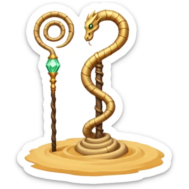 desert sand mage staff object icon, ancient staff with serpent coils around it, glowing golden sand gem on top, swirling sand aura, fantasy desert weapon, 3D cartoon, mobile game icon style, centered, clean background, no text, no watermark
 sticker