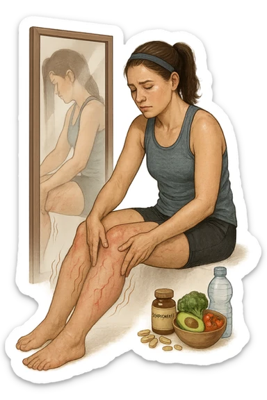 Donna tra i 25 e i 35 anni in abbigliamento sportivo, seduta o in piedi davanti allo specchio, mentre massaggia con forza le sue gambe gonfie, con espressione determinata ma affaticata. Intorno alle gambe si vedono simboli visivi di gonfiore e ritenzione (gambe leggermente arrossate, vene visibili, contorni delle gambe evidenziati da linee simboliche). Sullo sfondo: integratori naturali, alimenti sani e una bottiglia d’acqua, come strumenti di supporto. Atmosfera di lotta personale, luce neutra ma con accenti di speranza. Stile realistico e educativo sticker
