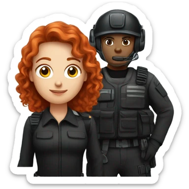 operator dressed in black with a milatary helmet, without glasses, wearing a headset, ready to respond to alerts, preferably curly redhead female  sticker