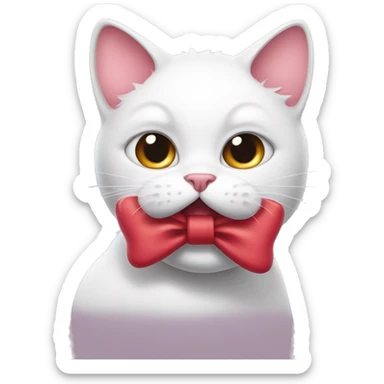 A white cartoon cat with a red bow on its left ear, looking unwell, a pink liquid out of his mouth sticker