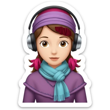Victorian ice skater in a long dress. She is wearimg a scarf and earmuffs. She has brown hair. sticker