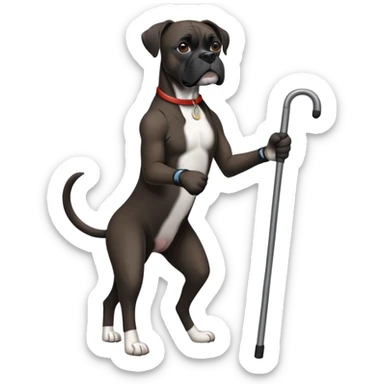 Elderly black boxer dog standing on hind legs using a cane to walk sticker
