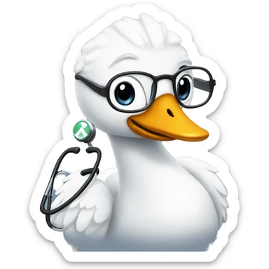 an adult swan with wings dressed as a clinician with glasses and a stethoscope sticker