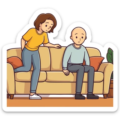  One Caucasian woman with brown hair, big boobs, wearing pants. Bent over couch. Bald man is having sex. sticker