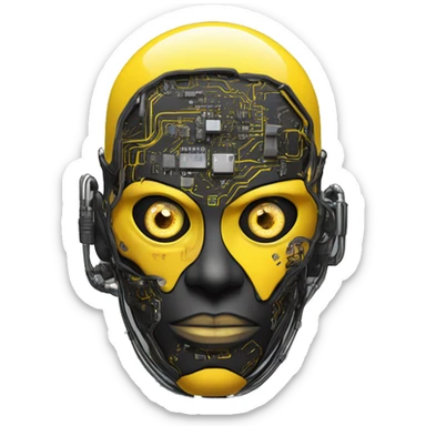 black and yellow cyborg head with circuitry, one artificial eyeball, and yellow goatee sticker