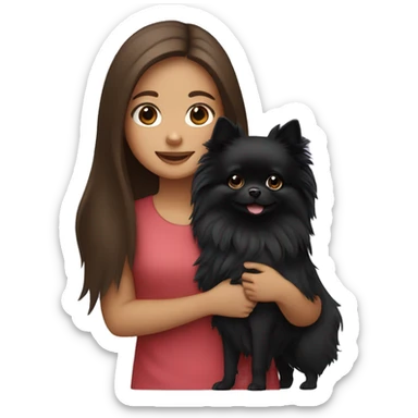 Girl with long brown hair holding a Black Pomeranian dog sticker