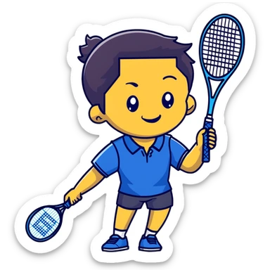 light brown skinned tennis coach, short straight black hair with widow's peak, oval face, small eyes, smiling, holding blue Yonex racket, wearing navy blue dry fit shirt sticker