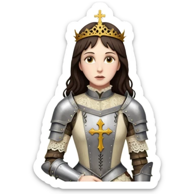 realistic cinematic actress Cher in Victorian lace styling like Joan of Arc dirty damaged armor in a forest sticker