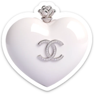 Change the glossy black heart to glossy white, keep the diamond accent and silver Chanel logo, elegant, white and silver color scheme, 3D emoji style, keep the background transparent. sticker