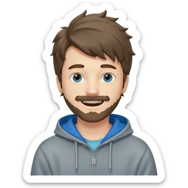 25 year old man, short scruffy beard and thin moustache, brown puffy mullet, blue eyes, big smile, white teeth, big lips, pronounced jaw, hair longer in back, sticking up on top, thin face, grey hooded sweatshirt, pale skin, big smile, blue eyes, puffy hair sticker