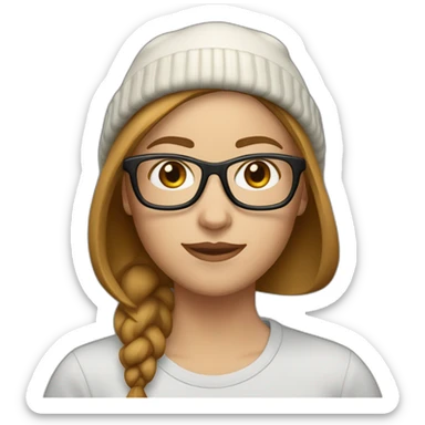 30 year old white woman short straight light brown hair with a beanie on her heard and glasses sticker