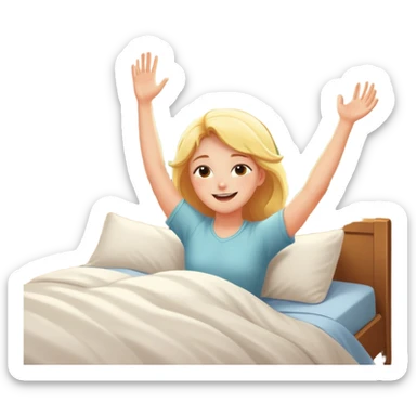 a person waking up early, stretching in bed with sunlight coming through the window, cheerful and fresh sticker