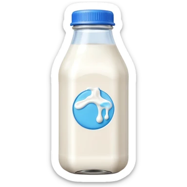 A 3D cartoon bottle of milk with white liquid, blue cap, clean reflections, Memoji-style. sticker