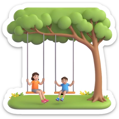 A person pushing a swing with a child sitting on it, outdoors, under a tree, in daylight. The swing is moving back and forth. Focus on the motion of swinging and the person gently pushing it sticker