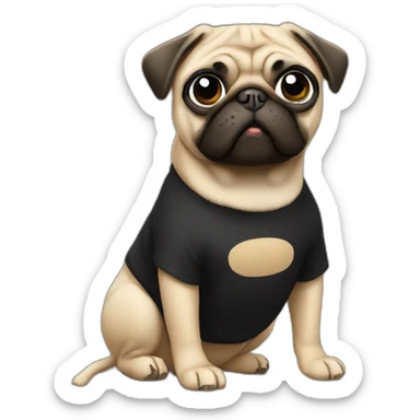 pug wearing a black t-shirt sticker