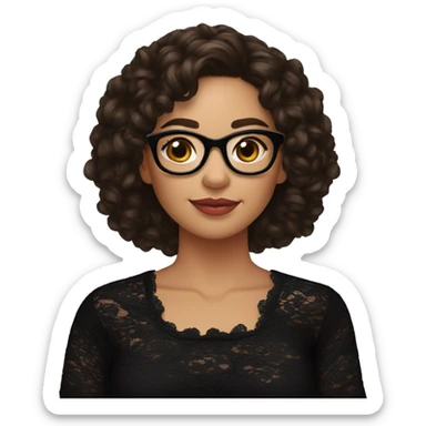 Hispanic woman with black glasses and long brown curly hair over the shoulder, holding yarn wearing a black lace shirt sticker