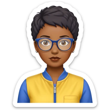 stern Black woman with short textured hair, glasses, wearing blue and yellow jumpsuit, front-facing sticker
