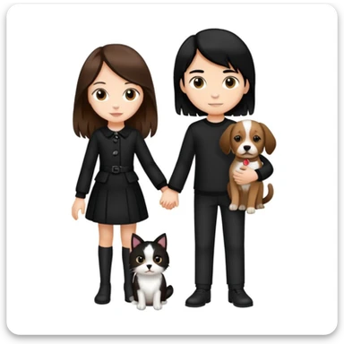 A girl with long brown hair holding the hand of a boy with black hair, both dressed in black, holding a cat and dog sticker