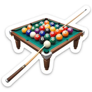 A billiard table with colorful balls arranged in a triangle, and a cue stick poised to break. The scene is set in a dimly lit room, with focused lighting highlighting the balls and table, emphasizing skill, precision, and strategy in the game of pool. sticker