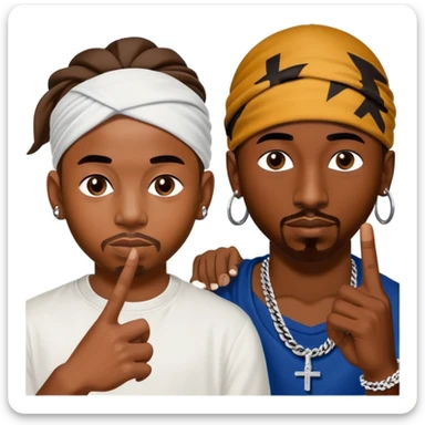 Generate an emoji of kendrick lamar throwing up a west coast gang sign while he stands next to tupac. Tupac has his infamous backwards bandana tied around his forehead where the bandana is tied one time in a half knot sticker