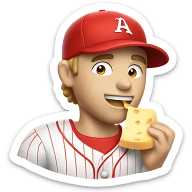Caucasian Baseball player with red hat and red jersey eating cheese sticker