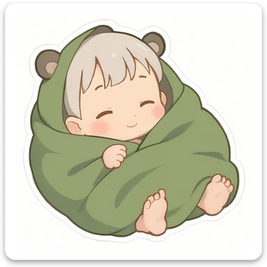 Draw a cute baby chibi body for this character, keeping her wrapped in a soft green blanket, with small hands or feet peeking out, in emoji sticker style with soft colors and an adorable expression. sticker