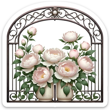 A nostalgic vintage garden scene where sunlight filters through an ornate iron gate, illuminating a delicate bouquet of white peonies and pale pink roses arranged in an ivory ceramic vase, with shimmering pearl butterflies resting on the petals.
 sticker