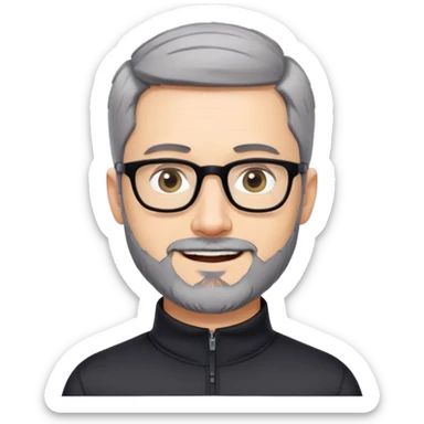 Caucasian man with very short cropped black hair, short beard with noticeable gray hairs, large black eyeglasses, cheerful expression, black athletic long sleeve shirt with quarter zip collar sticker