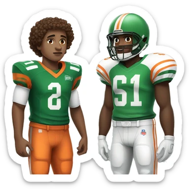white boy with curly brown hair Football player in green and white jersey, facing off with football player in orange and black jersey sticker