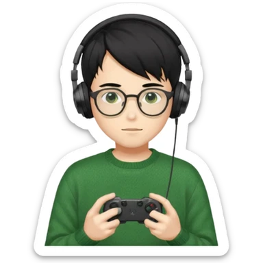 
gamer, Gorgeous green sweater black hair anime style shojo guy glasses, headphone, gamepad sticker