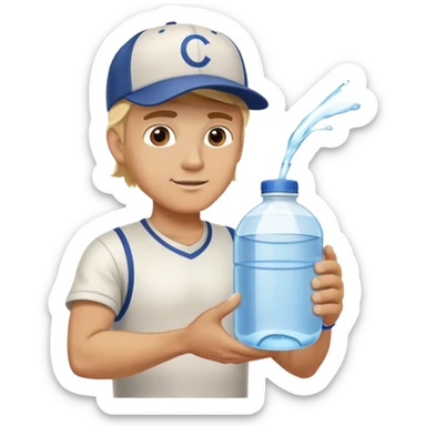 Blonde man wearing baseball cap delivering large jug of water  sticker