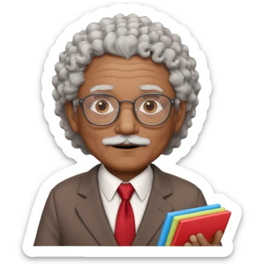 old man teacher, brown skin, curly grey white hai, wearing glasses, brown suit, red tie hold chalk on hand sticker