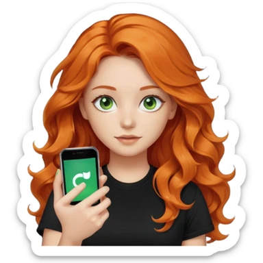 Girl with dark long orange wavy hair, green eyes, and black t-shirt and phone with tiktok app on hand sticker