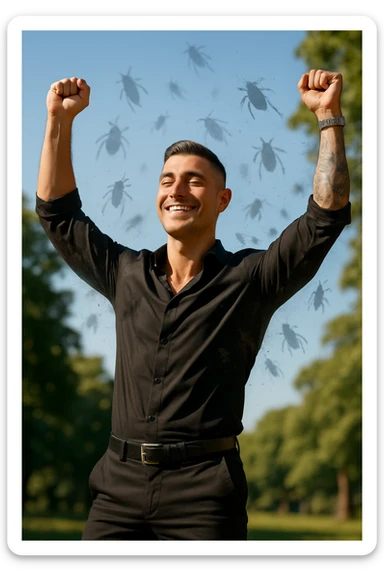 a man stands outdoors in bright sunlight, arms raised in relief and joy, while faint, shadowy silhouettes of parasites fall away from his body and dissolve into the air. His posture is upright and energetic, his expression serene and healthy. The background features green trees and a clear sky, emphasizing liberation and restored well-being. sticker