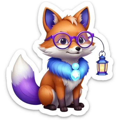 a small magical fox with shimmering purple and blue fur, a glowing fluffy tail, a silver star on its forehead, round glasses, and a tiny lantern. 😂 sticker