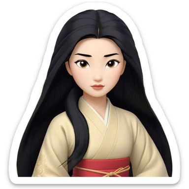 Cinematic Realistic Mulan Portrait, depicted with lifelike skin texture, soft natural lighting, and intricately detailed long black hair styled elegantly. Her deep, expressive eyes exude determination and grace, complemented by a serene yet confident expression. She is dressed in her classic attire, with rich fabric textures and delicate folds that catch the light beautifully. The portrait features a soft, enchanting glow with a natural, radiant finish, capturing the essence of timeless strength and beauty in a realistic and painterly style, evoking a sense of depth and authenticity. sticker