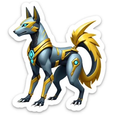White and gold cyberpunk intricate neon glowing grey white futuristic cyborg-Anubis-Zeraora-Zoroark-fusion (full body) sticker