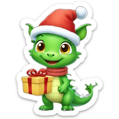 happy little green cartoon dragon of child, in winter, in work pants, in work clothes, in winter boots, in a Santa Claus hat, New Year, with presents sticker